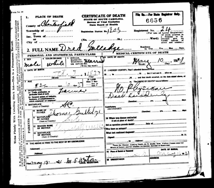 Dred Gulledge death certificate