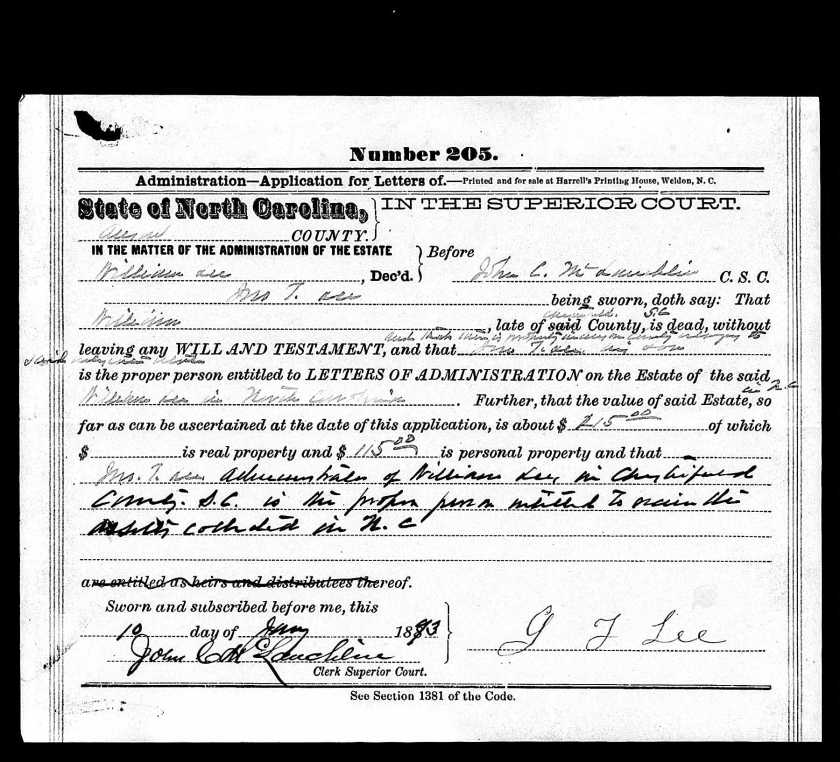 William Lee probate Anson County