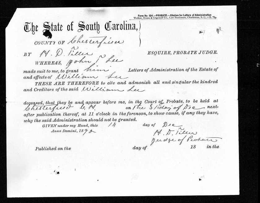 William Lee probate Chesterfield SC