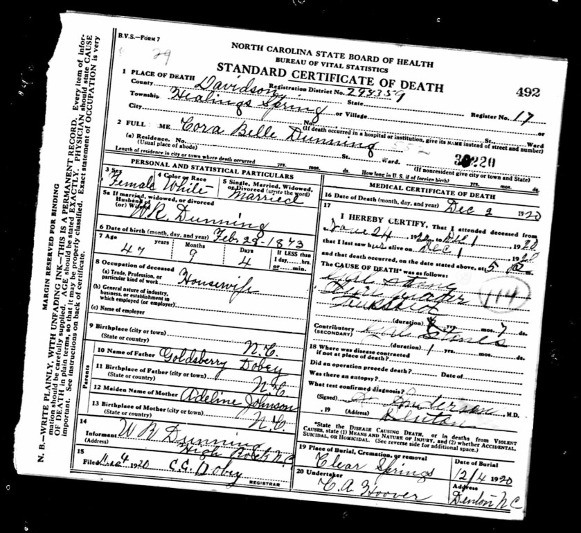Cora Belle's death certificate