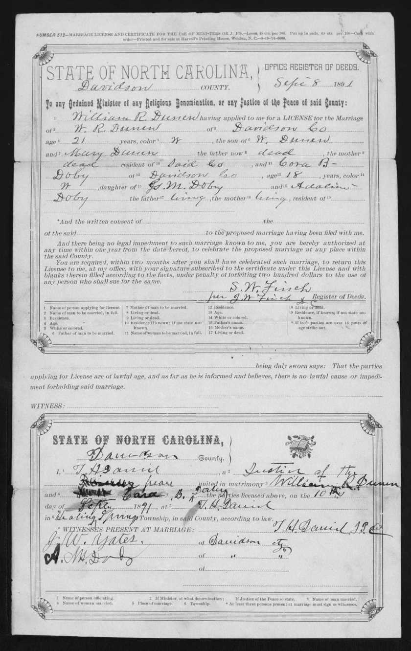 Cora Dunning and William Robert Dunning marriage license