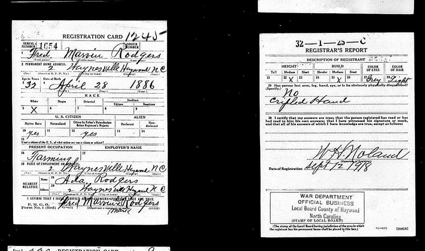 World War I draft for Fred Marvin Rogers