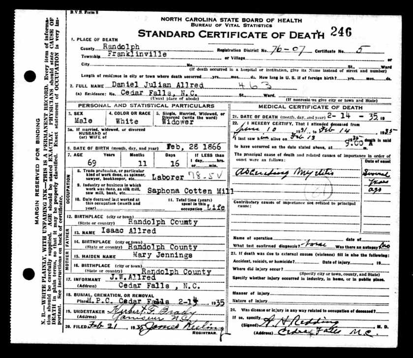 Daniel Julian Allread death certificate