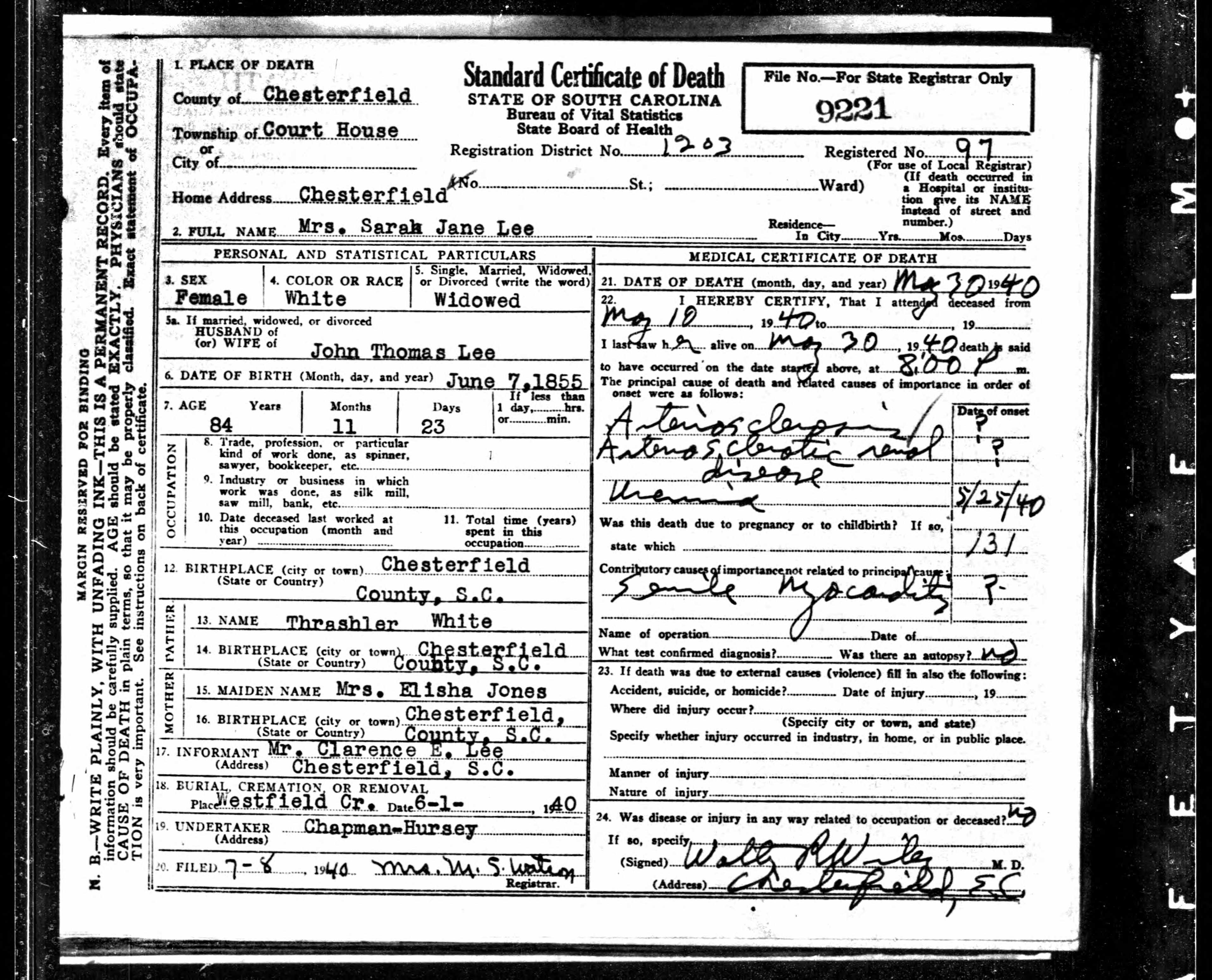 Sara Jane White death certificate
