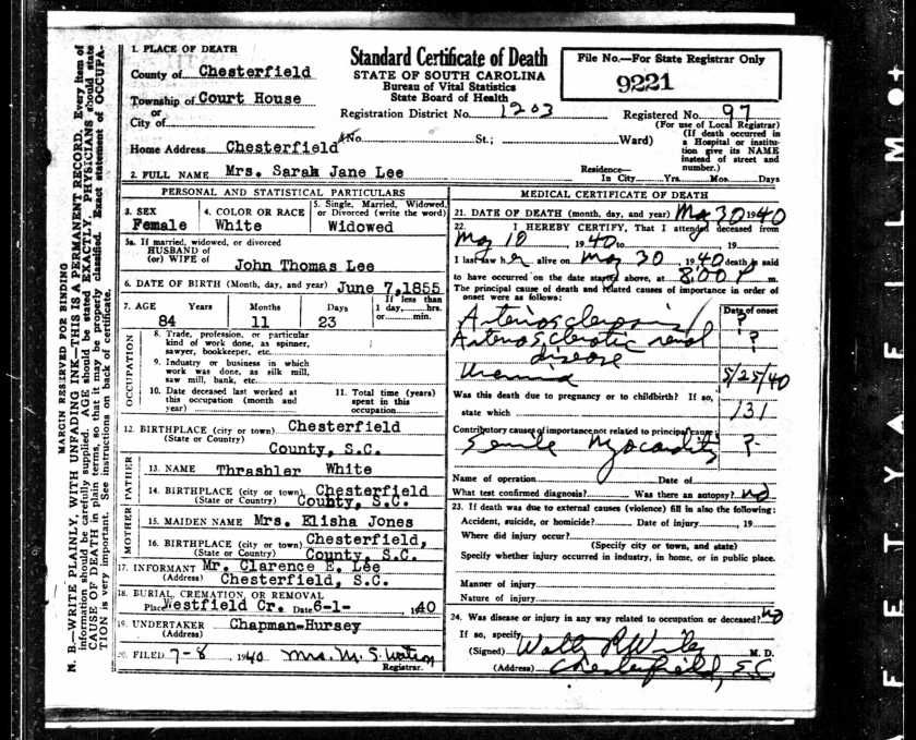 Sara Jane White death certificate
