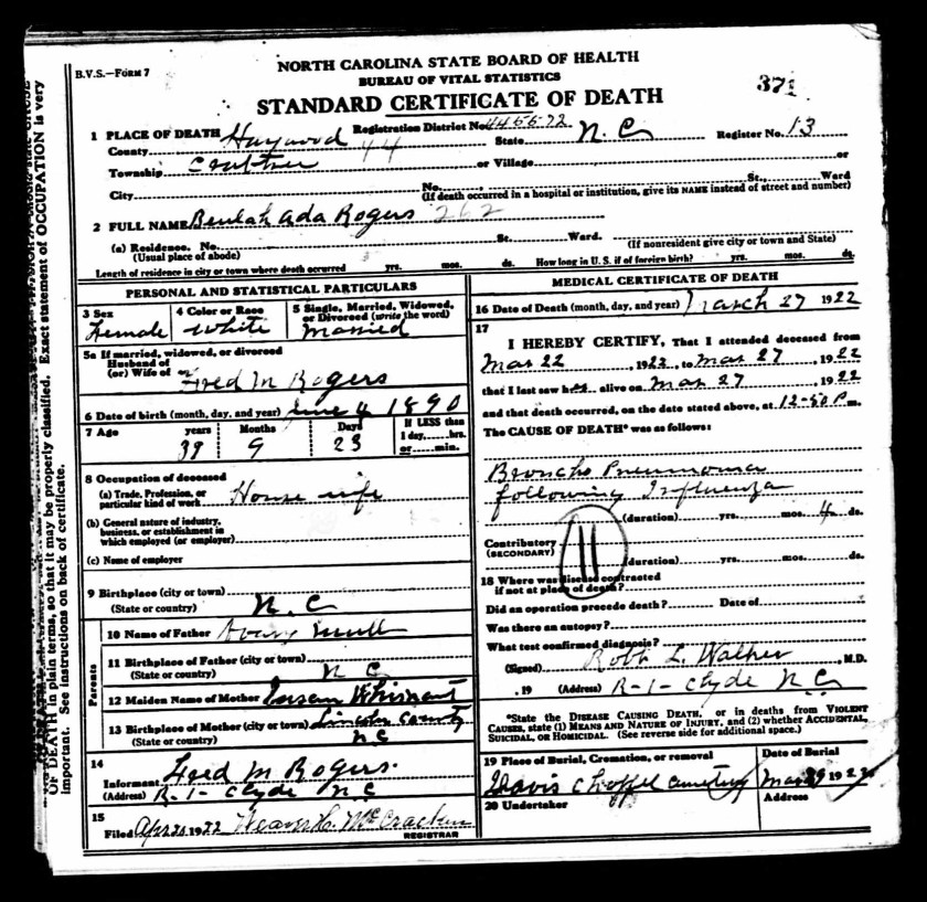 Beulah Ada Mull Rogers Death