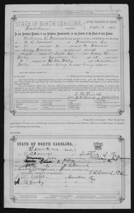marriage certificate between william dunning and cora