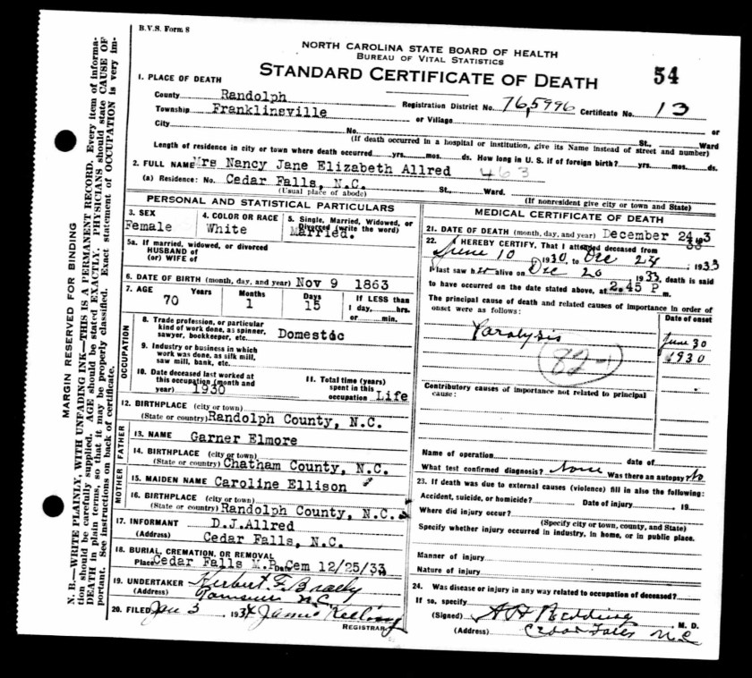 Nancy Jane Elizabeth Elmore Allred's death Certificate