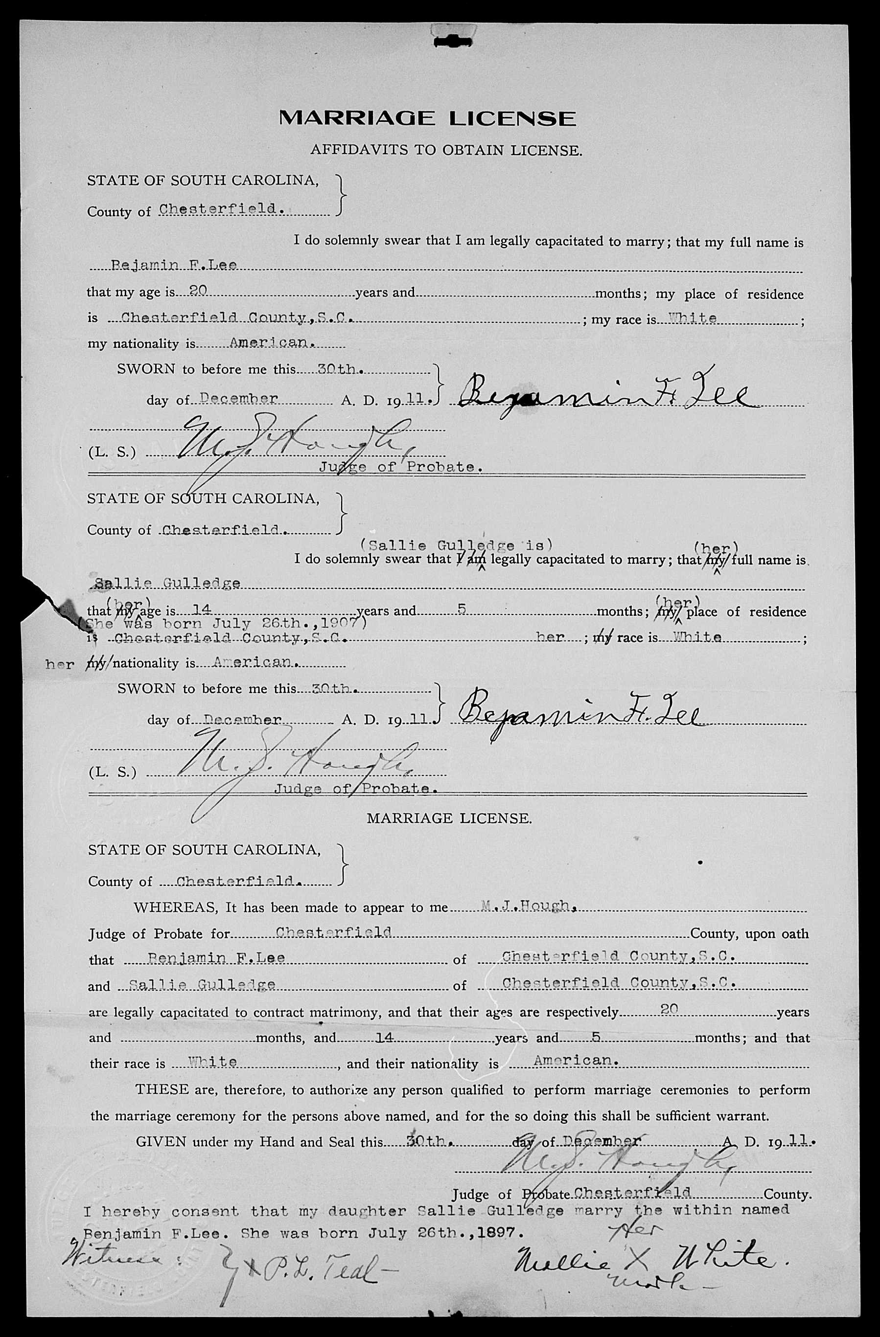 Sally Lee marriage license