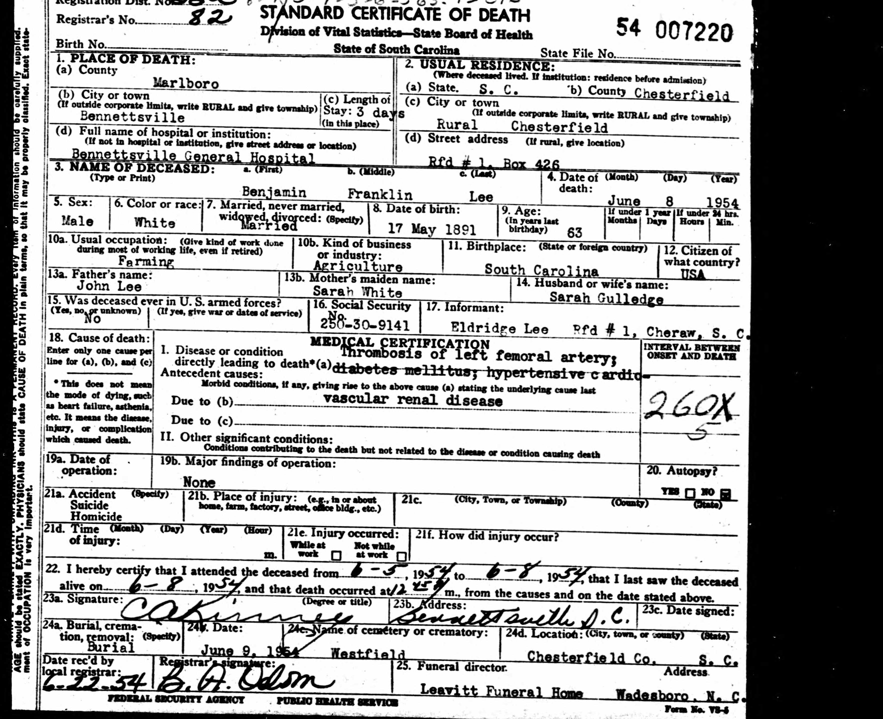 Bens death certificate