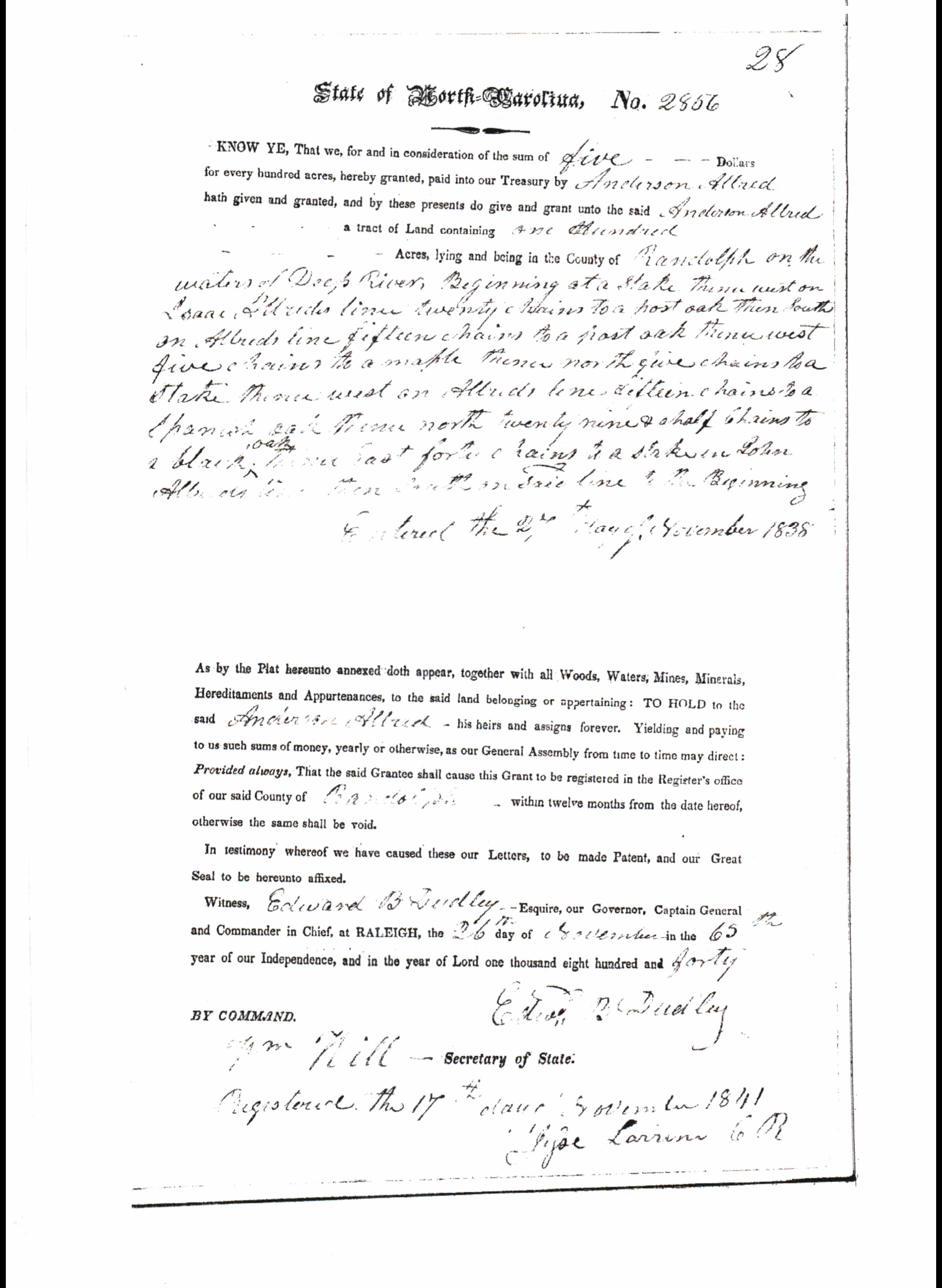 Anderson Allred State Grant 23 Book 23 page 28 100 acres