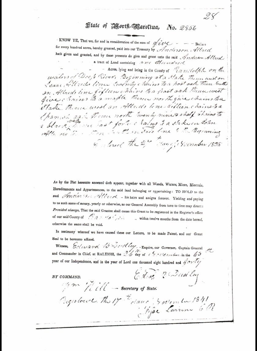 Anderson Allred State Grant 23 Book 23 page 28 100 acres