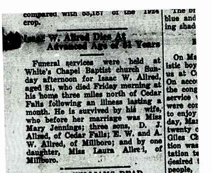 Isaac W Allred Obituary March 25 1926 DOD March 19 1926 Courier Tribune