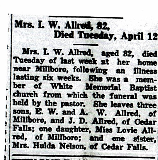 Mary Jennings Allred Obituary April 21 1927 DOD April 12 1927 Courier Tribune